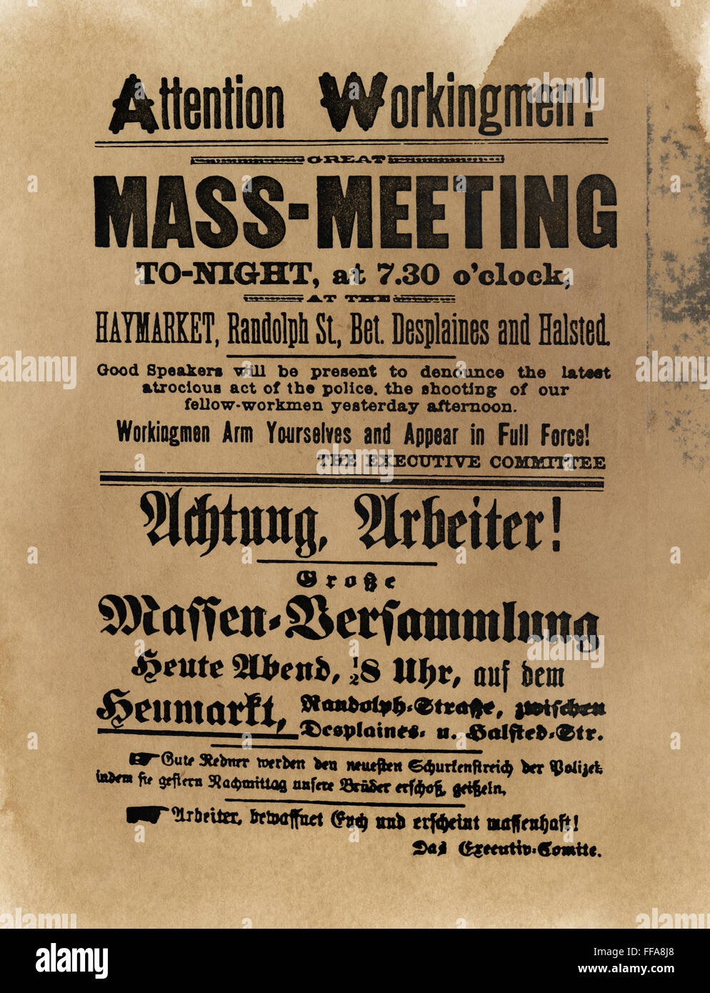 HAYMARKET CIRCULAIRE, 1886. /NHandbill en anglais et en allemand l'appel de la réunion de masse au Haymarket Square, à Chicago, le 4 mai 1886. Banque D'Images