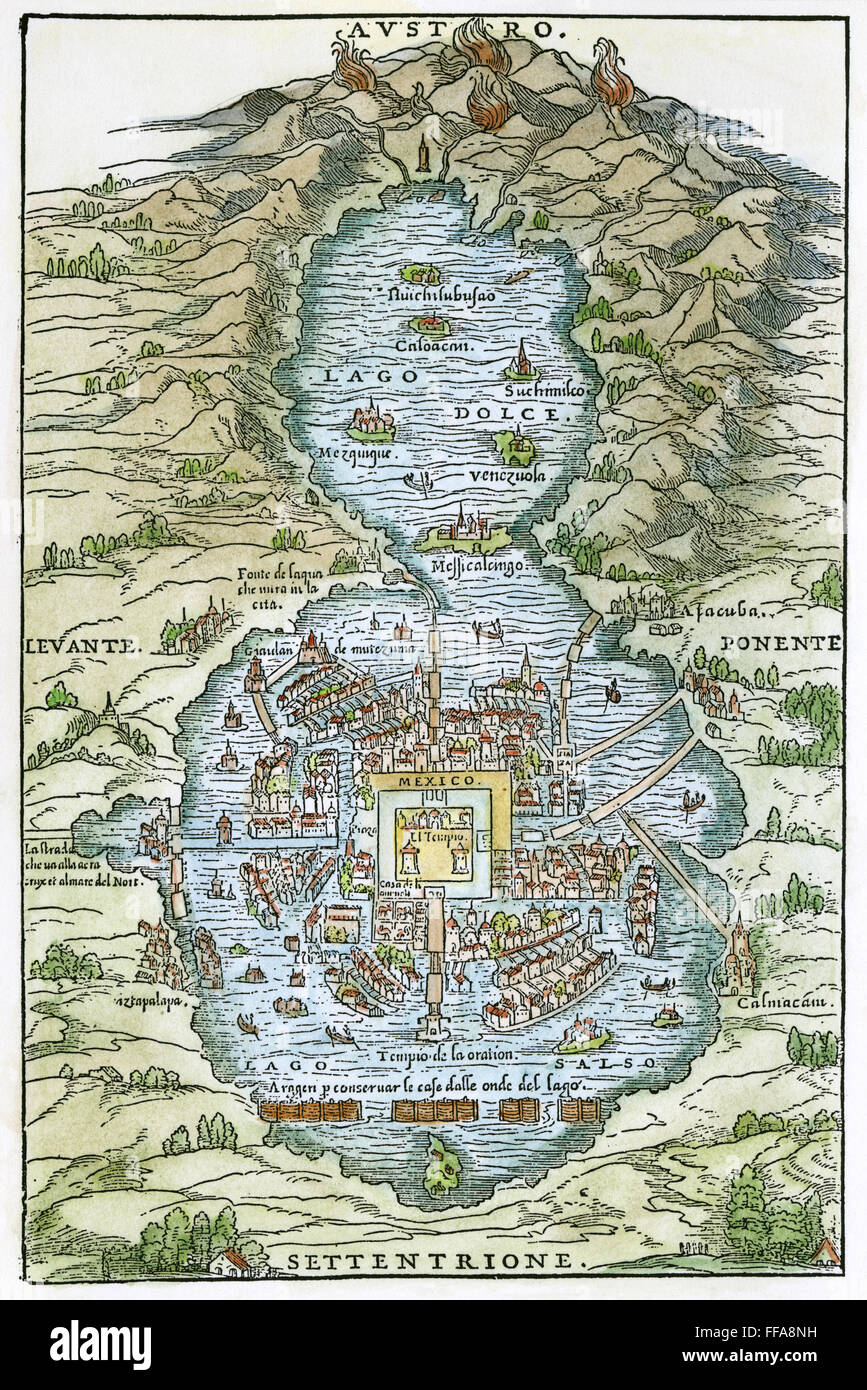 Planifier de Tenochtitlan, 1556. /Nla de Tenochtitlan (Ville de Mexico) au moment de la conquête espagnole. Gravure sur bois, 1556. Banque D'Images