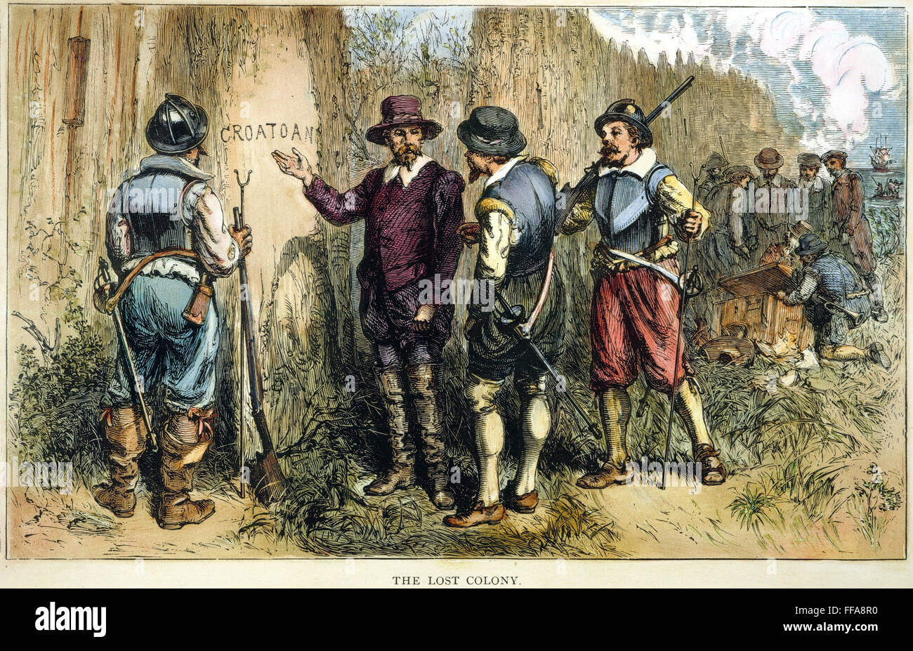 ROANOKE : John White, 1590. /Blanc nJohn trouver aucune trace de la colonie de Roanoke en route pour la Virginie en 1590. Gravure couleur, 19e siècle. Banque D'Images