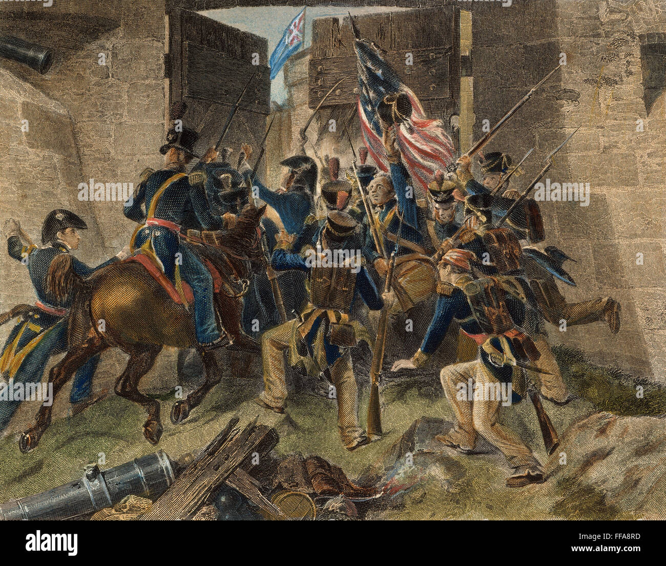 Le FORT GEORGE, 1813. /À VIDE. Le colonel Winfield Scott menant l'attaque à la prise du fort George, sur la rive canadienne de la rivière Niagara, 27 mai 1813 : gravure couleur, 19e siècle. Banque D'Images