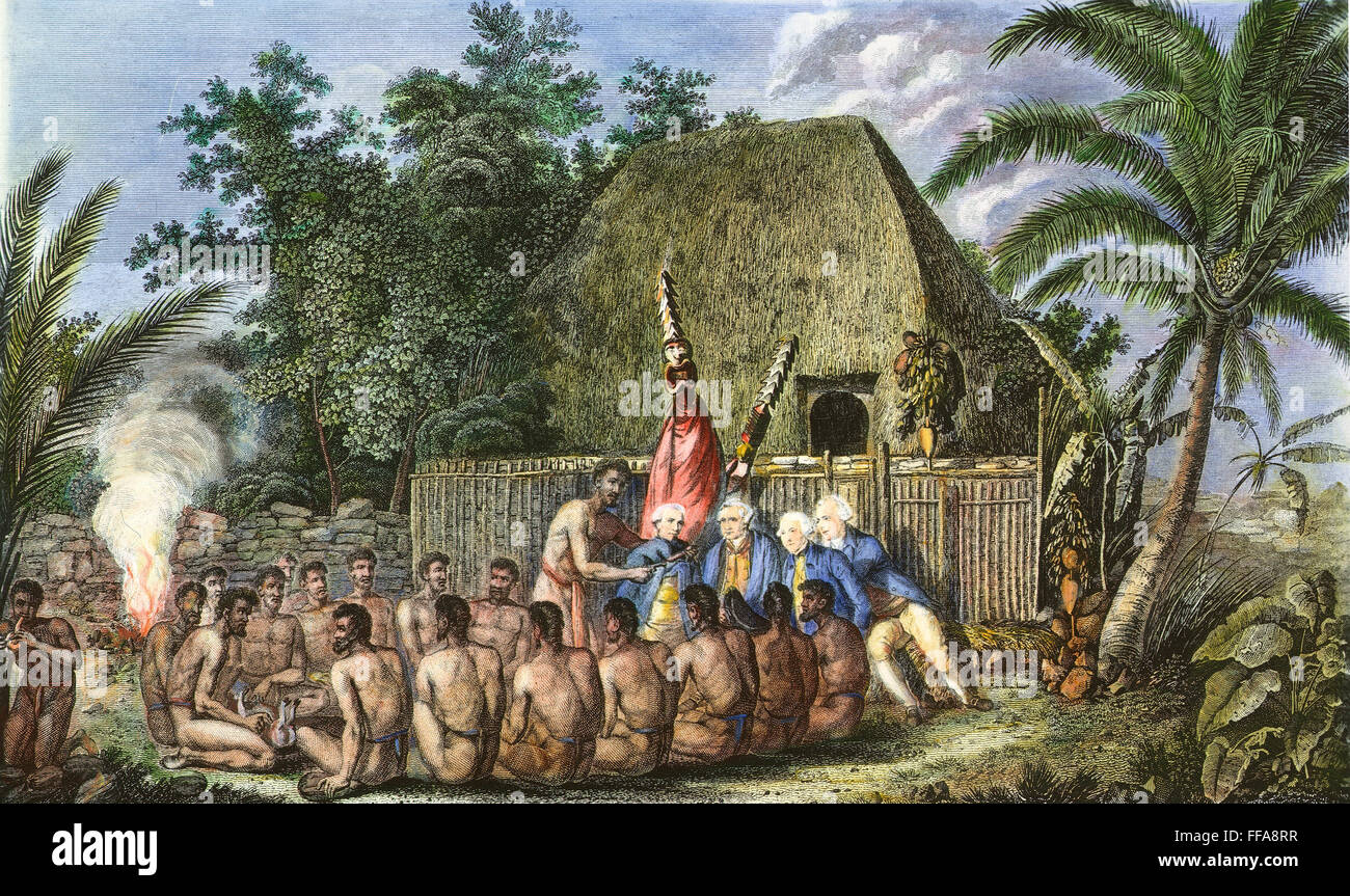 COOK : LES ÎLES SANDWICH DU SUD 1779. /NAn offrant avant le capitaine James Cook dans les îles Sandwich (Hawaii), 1779 : Anglais couleur gravure, 1784. Banque D'Images