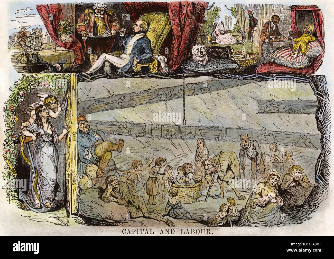 Caricature DU TRAVAIL, 1843. /N'le capital et le travail." Caricature de 'Punch', 1843, inspirée d'un rapport du gouvernement britannique sur l'horrible état de travailleurs dans les mines de charbon. Banque D'Images