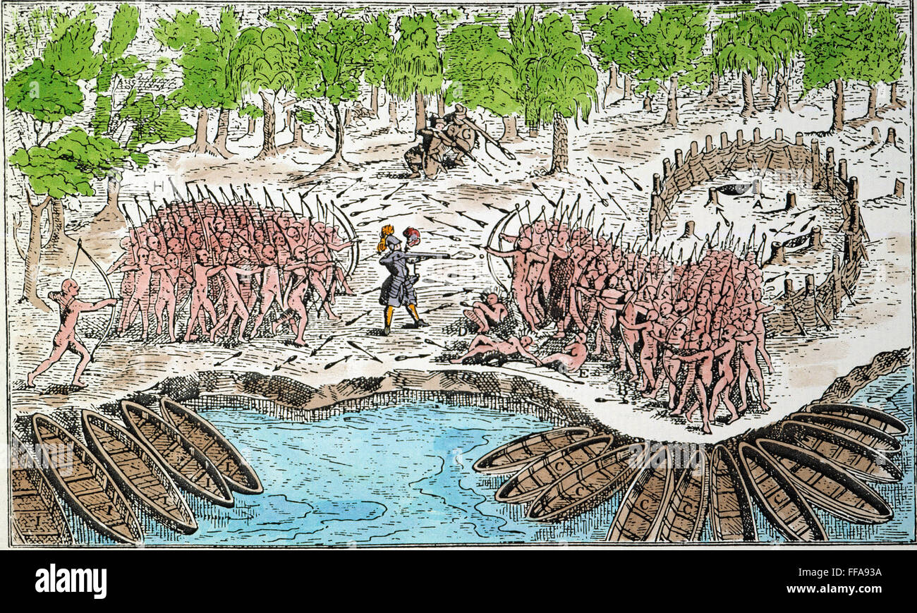 SAMUEL DE CHAMPLAIN. /NChamplain (centre), avec deux arquebusiers français (haut) et friendly Algonquins (gauche) vaincre l'Iroquois à l'emplacement actuel de la ville de Ticonderoga, sur le lac Champlain, 29 juillet 1609. Gravure couleur de Champlain's 'Voyages' (1613 Banque D'Images