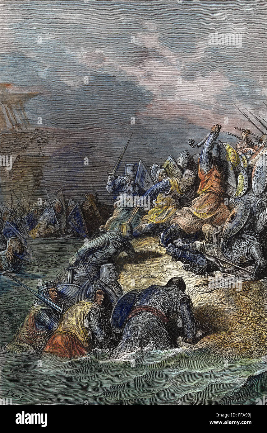 RICHARD LE LION-coeur. NAt /acre en 1191. Gravure couleur après Gustave DorΘ. Banque D'Images