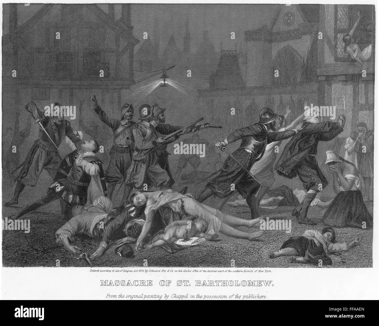 ST BARTHOLOMEW'S MASSACRE. /Nla massacre des Huguenots à Paris, en France, le jour de la Saint-Barthélemy, 24 août 1572. Gravure sur acier, American, 1870, d'après une peinture par Alonzo Chappel. Banque D'Images