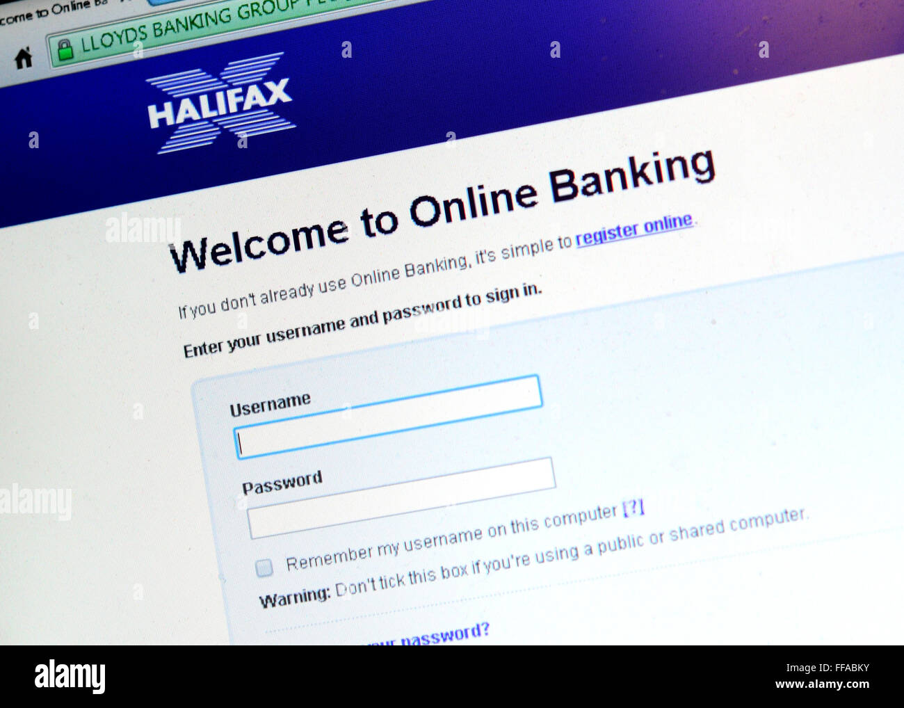 Une photographie de la page de connexion sur la page web des services bancaires en ligne Halifax. Banque D'Images