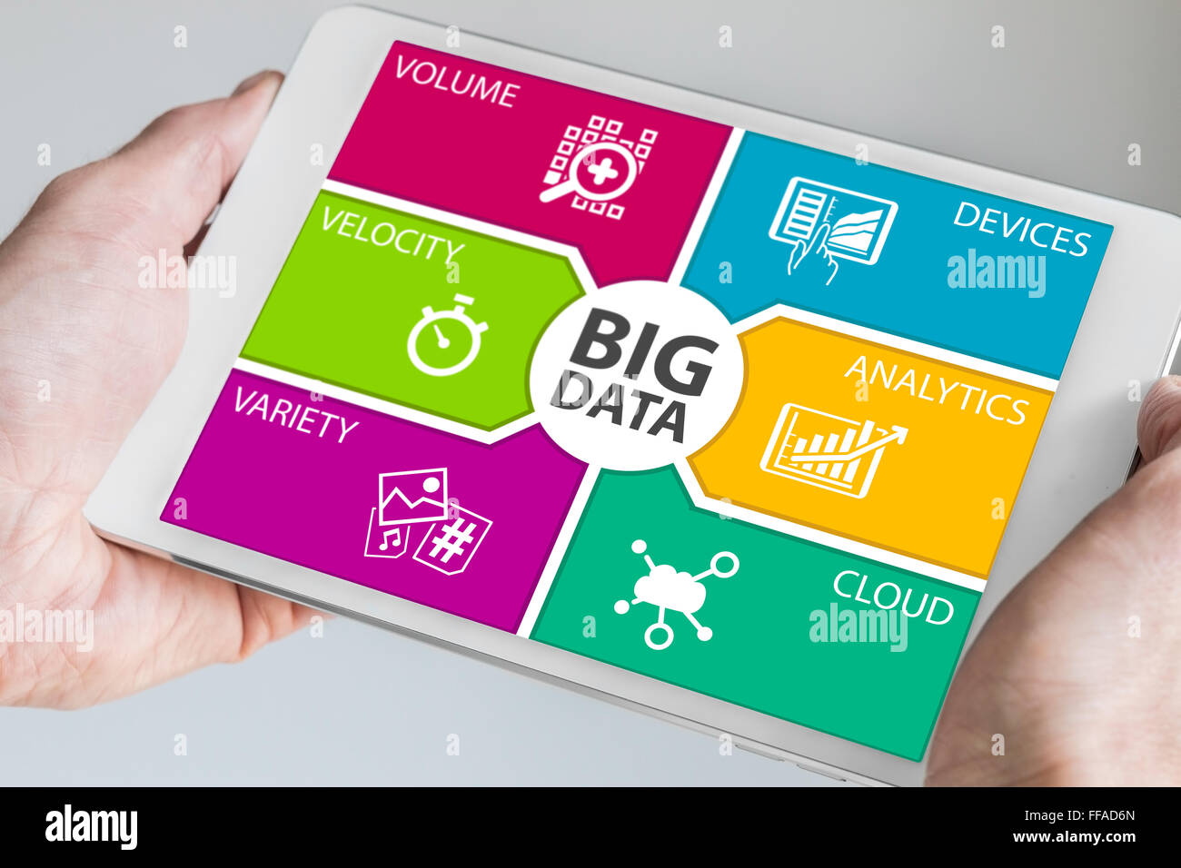Hands holding tablet avec tableau de bord big data. Arrière-plan de la technologie de l'information moderne. Banque D'Images