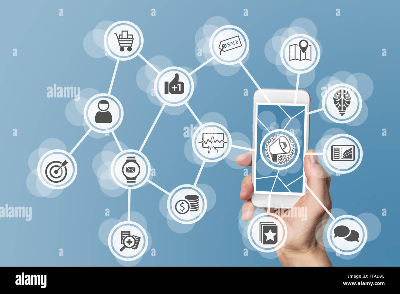 Marketing en ligne numérique activé par téléphone mobile et les médias sociaux ainsi que de la numérisation Banque D'Images