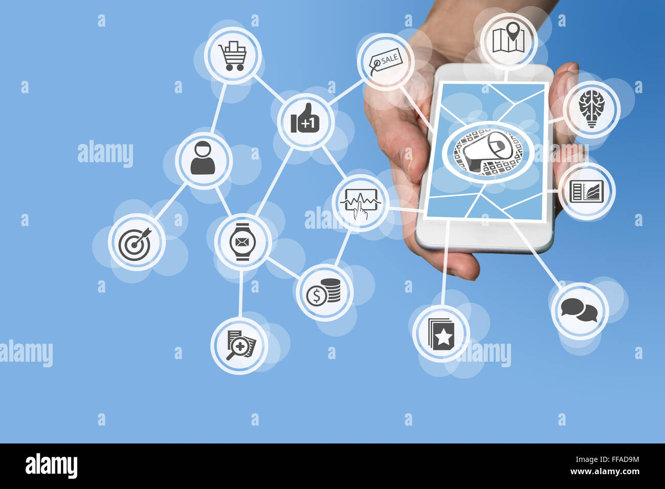 Marketing en ligne numérique activé par téléphone mobile et les médias sociaux ainsi que de la numérisation Banque D'Images