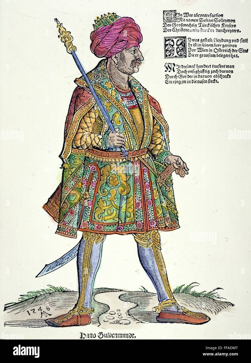 Soliman le Magnifique /n(c1494-1566). Sultan de l'Empire Ottoman, 1520-1566. Gravure sur bois allemande, 1548, de Michael Ostendorfer. Banque D'Images