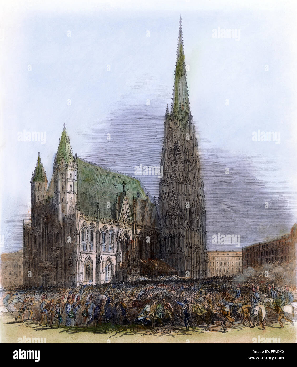 Autriche : Révolution de 1848. /Nla conflit à la Cathédrale Saint Stéphane à Vienne pendant la Révolution de 1848. La gravure sur bois à partir d'un journal anglais contemporain. Banque D'Images