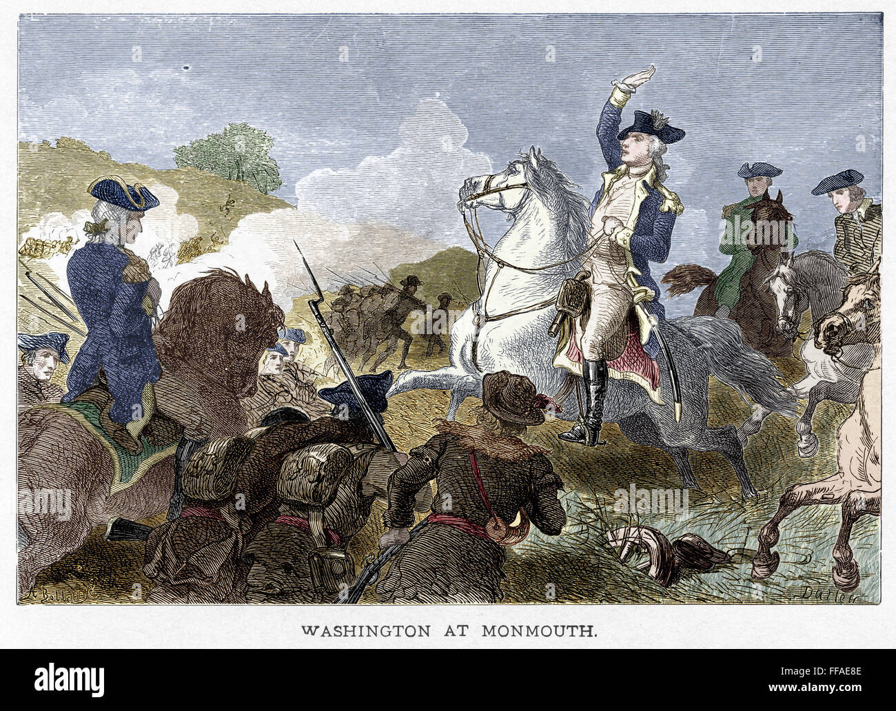 Bataille de Monmouth, 1778. /Nexigences générales George Washington à la bataille de Monmouth, New Jersey, le 28 juin 1778. La gravure sur bois, cuisine américaine, 19e siècle. Banque D'Images