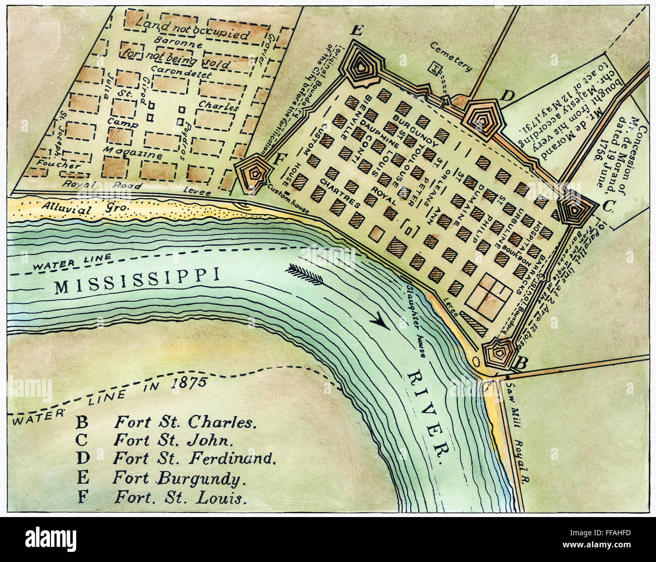 PLAN DE LA NOUVELLE ORLÉANS, en 1798. /Ndétail redessiné (1875) de 'un plan de la ville de New Orleans et plantations adjacentes,' 1798. Banque D'Images