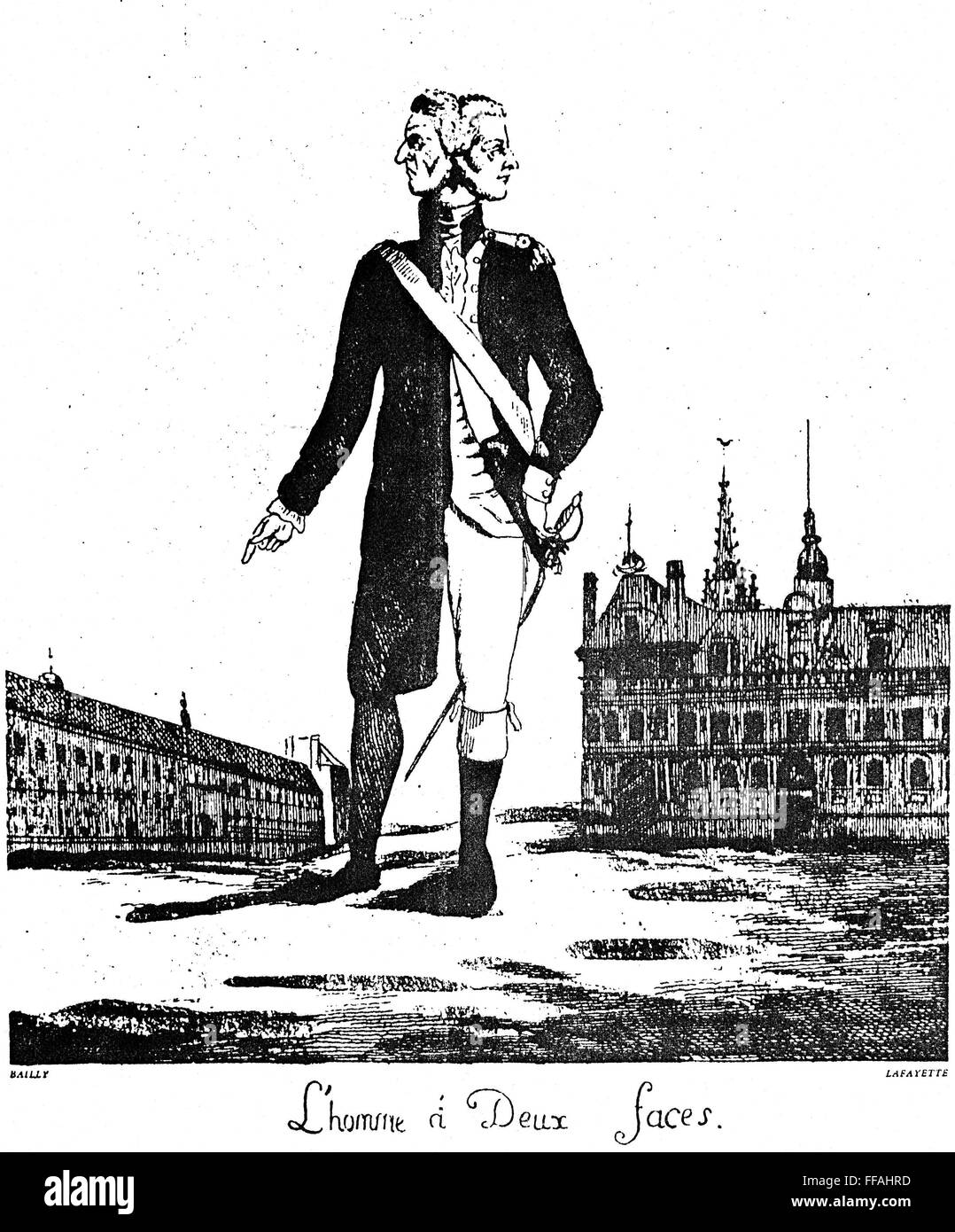 MARQUIS DE LAFAYETTE /n(1757-1834). Soldat français et homme d'État. 'L'Two-Faced Man." dessin animé français publié en 1789, montre Lafayette, chef de la Garde nationale, en face de l'Hôtel de Ville comme un symbole de son ambition politique, tandis que le maire de Paris Jean-S Banque D'Images