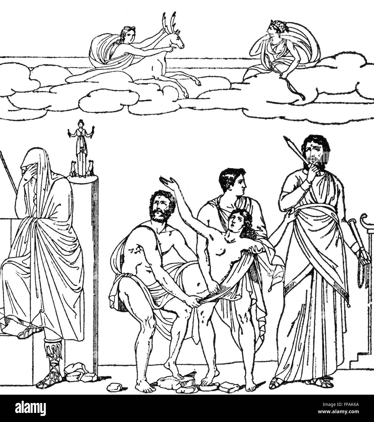 Le sacrifice d'Iphigénie. /Nligne gravure, fin du xixe siècle, après une peinture murale Pompeiian. Banque D'Images