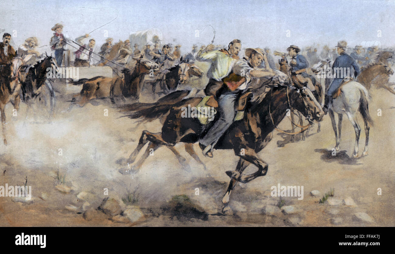 OKLAHOMA Land Rush, 1889. /NAt la direction de troupes de cavalerie américaine, New York 'Boomers' à travers la limite de course dans le le territoire de l'Oklahoma sur le coup de midi, le 22 avril 1889, en cherchant à revendiquer fermes et terrains : American illustration, c19 Banque D'Images