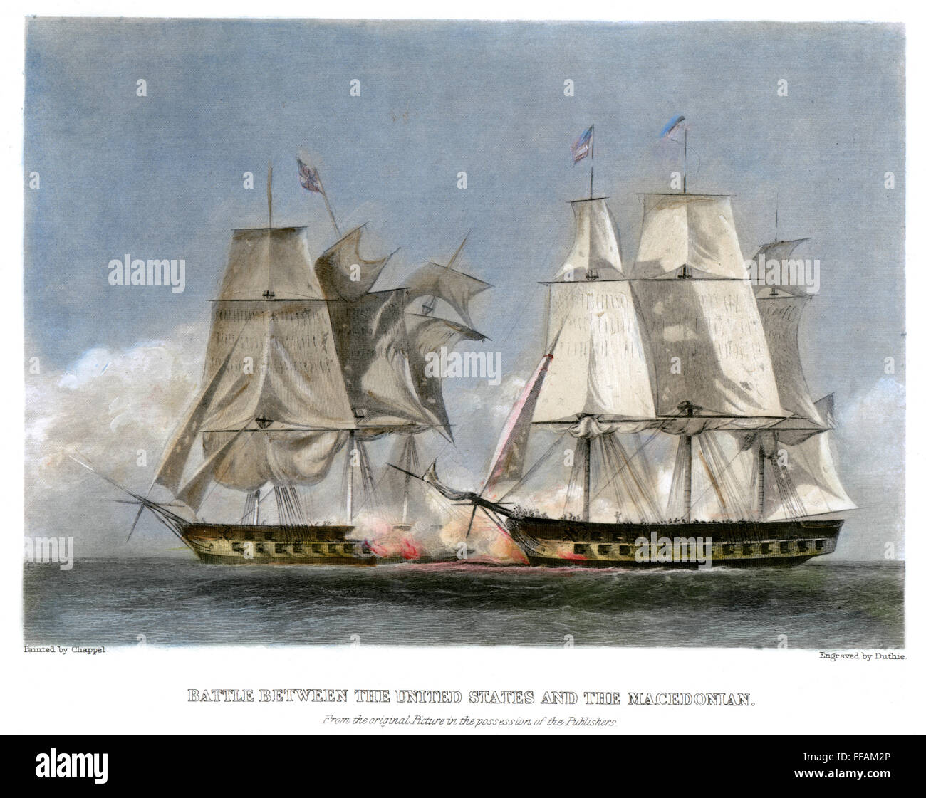 Guerre de 1812 : Bataille navale. /Nl'engagement entre l'U.S.S. United States (à droite) et le H.M.S. Macédonien, 25 Octobre 1812 : gravure sur acier d'après une peinture par Alonzo Chappel, American, 1859. Banque D'Images