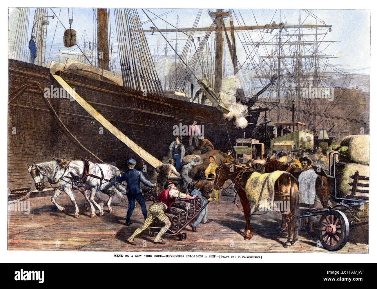 Les quais de la ville de New York, 1877. /NStevedores le déchargement d'un navire à un quai à New York, 1877. La gravure sur bois à partir d'un journal américain contemporain. Banque D'Images