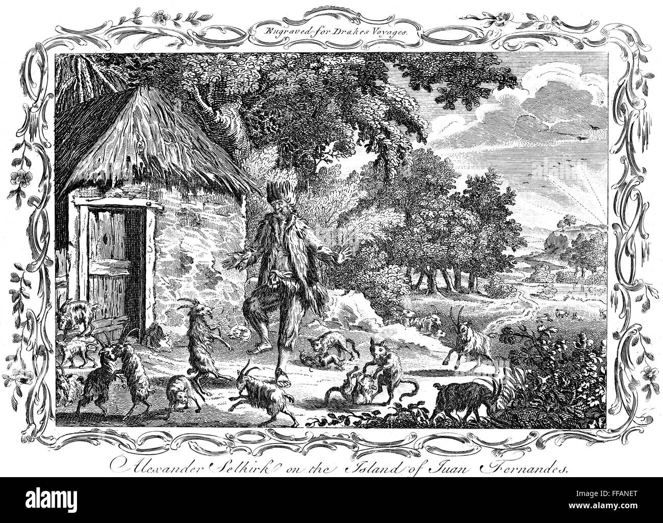 ALEXANDER SELKIRK /n(1676-1721). Le marin écossais sur lequel Daniel Defoe fonde son caractère de Robinson Crusoé. Selkirk au Mas-a-Tierra où il vivait seul à partir de 1704-1709. Gravure anglaise, 18ème siècle. Banque D'Images