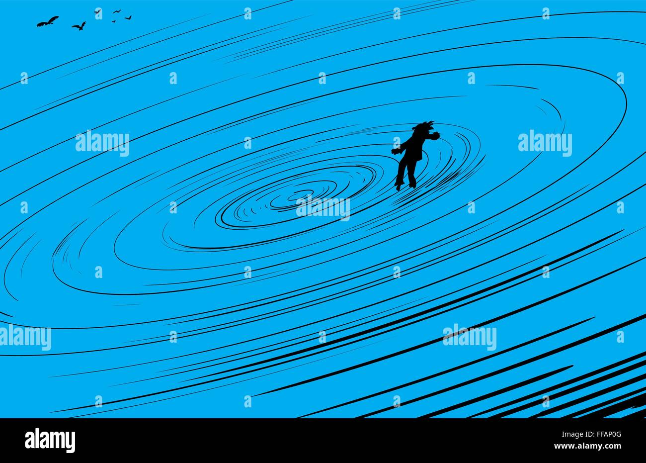 Seule personne qui flotte au centre du vortex bleu avec des oiseaux à proximité Illustration de Vecteur