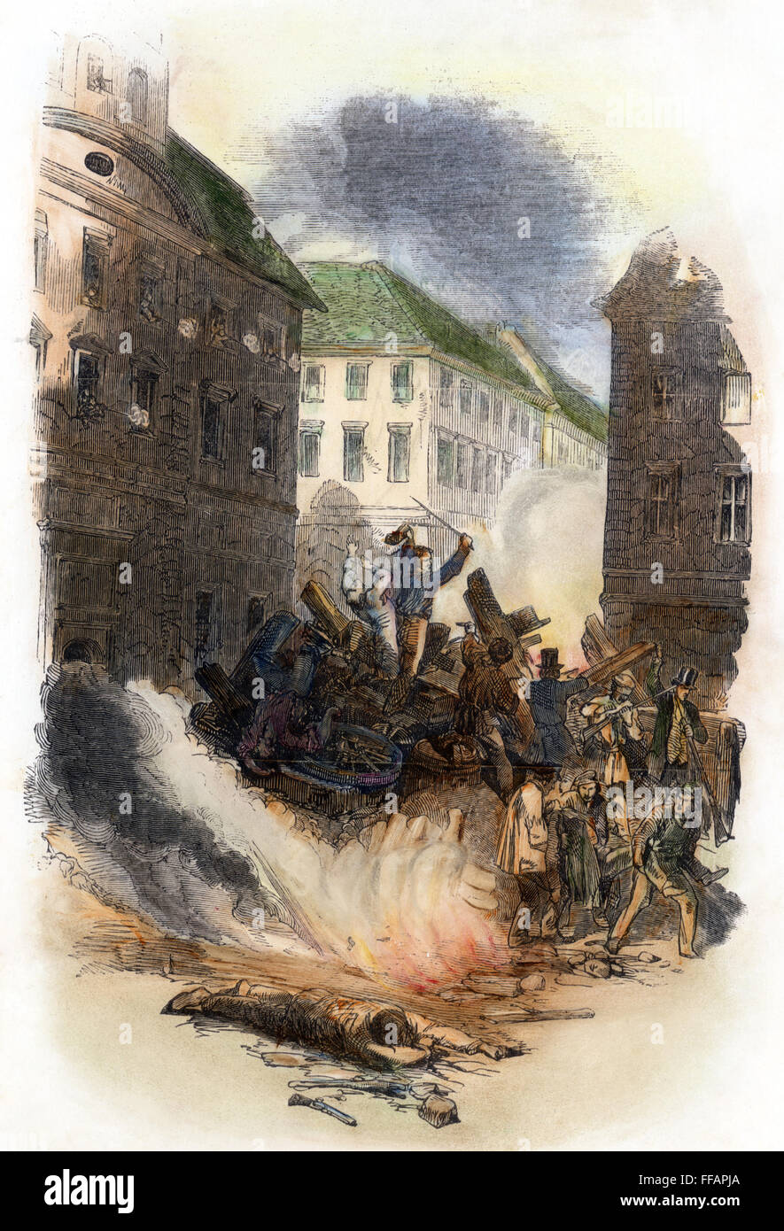 Révolution de 1848 : Berlin. /NRevolutionaries à Berlin avec le gouvernement prussien de forces derrière une barricade dans la Breite Strasse, 18 mars 1848. La gravure sur bois à partir d'un journal anglais contemporain. Banque D'Images