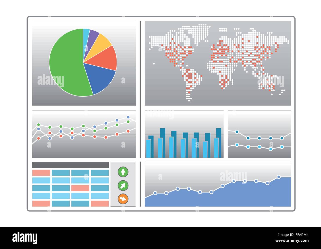 Tableau de bord avec différents types de graphique comme graphique, carte du monde, d'un diagramme, la ligne graphique, les tableaux et les indicateurs en modèle plat Illustration de Vecteur