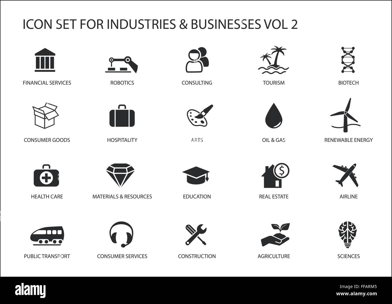 Des symboles et des entreprises de diverses industries / secteurs commerciaux comme consulting,tourisme,hôtellerie,agriculture,en énergies renouvelables Illustration de Vecteur
