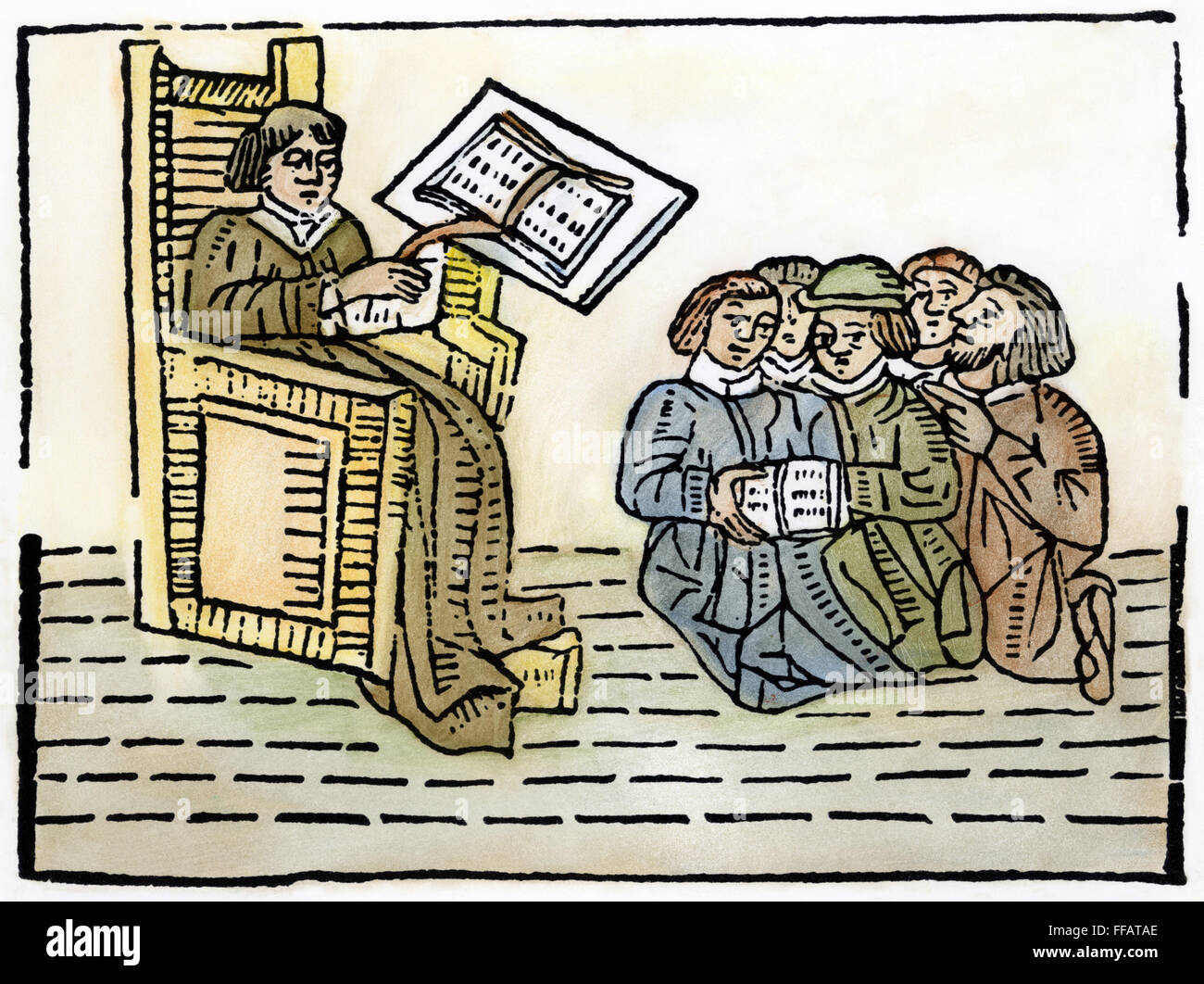 Maître et élèves, c1481. /NWoodcut dès le premier livre illustré imprimé en Angleterre, la 'Mirrour du monde", William Caxton's version du fameux 'Speculum' Historiale de Vincent de Beauvais, émis à propos de 1481. Banque D'Images
