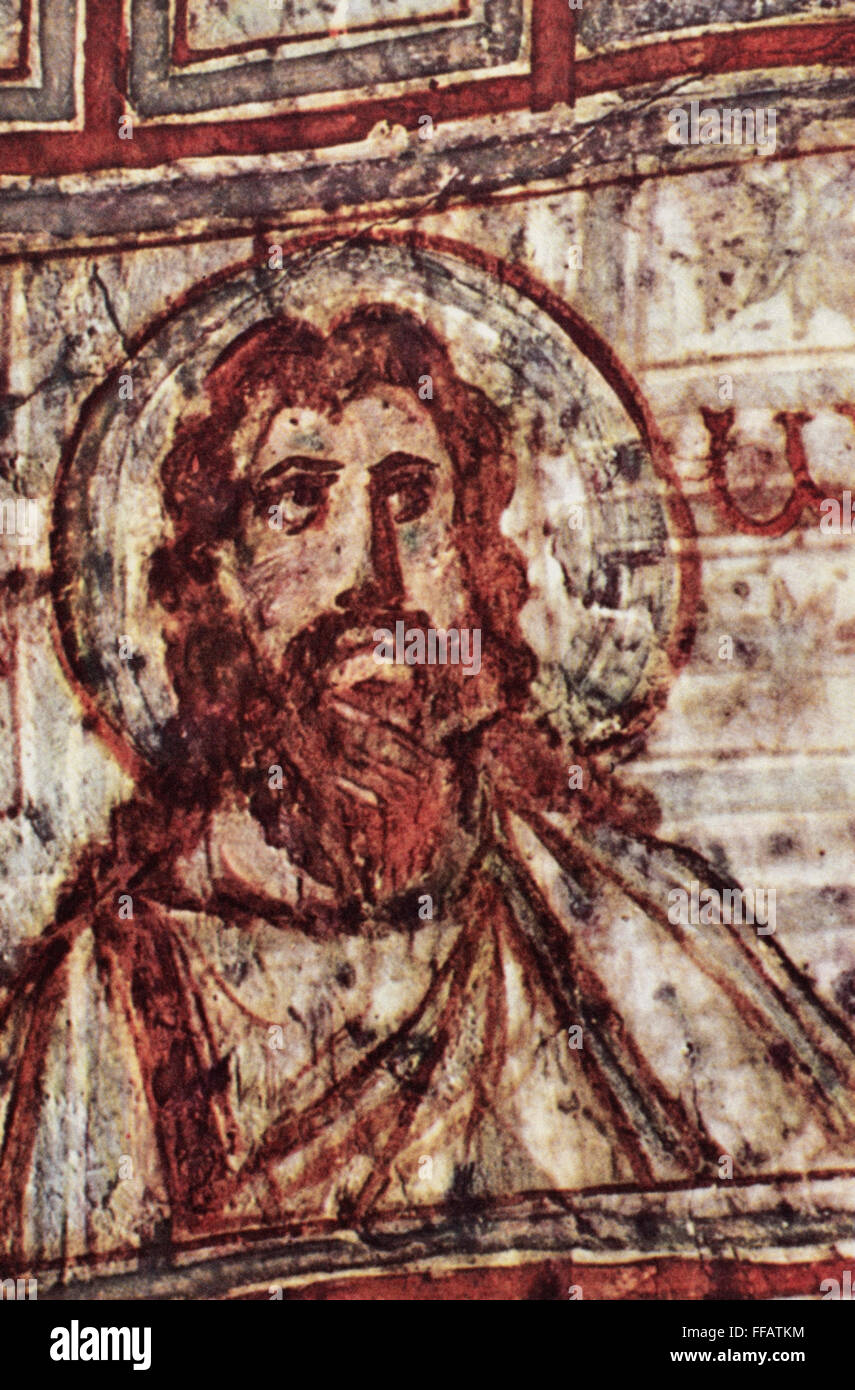 Début du christianisme : LE CHRIST. /NHead du Christ, à partir de la rue des catacombes de Priscille, Rome, Italie. 2ème ou 3ème siècle après J.-C. Banque D'Images
