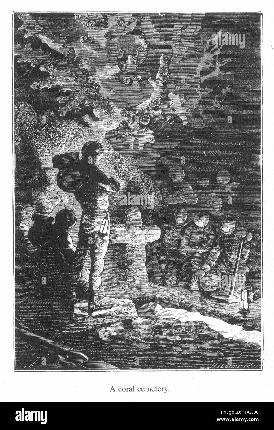 VERNE : 20 000 lieues. /N'un cimetière de corail" - gravure sur bois d'après un dessin par Alphonse de Neuville à partir d'une édition 1870 de Jules Verne, Vingt mille lieues sous les mers". Banque D'Images