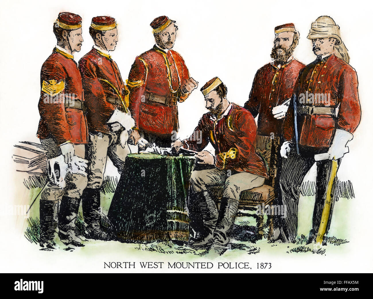 La police montée canadienne, 1873. NOfficers /de la Police à cheval du Nord-Ouest, 1873. Dessin au crayon et à l'encre par C.W. Jefferys. Banque D'Images