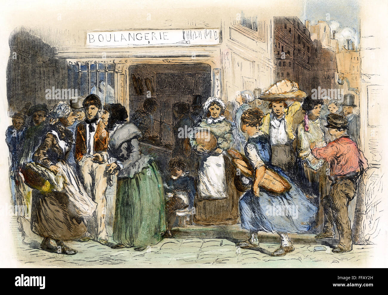 Parisiens : Pain, 1853. /NParisians à discuter le prix du pain. Ligne de couleur gravure, 1853. Banque D'Images