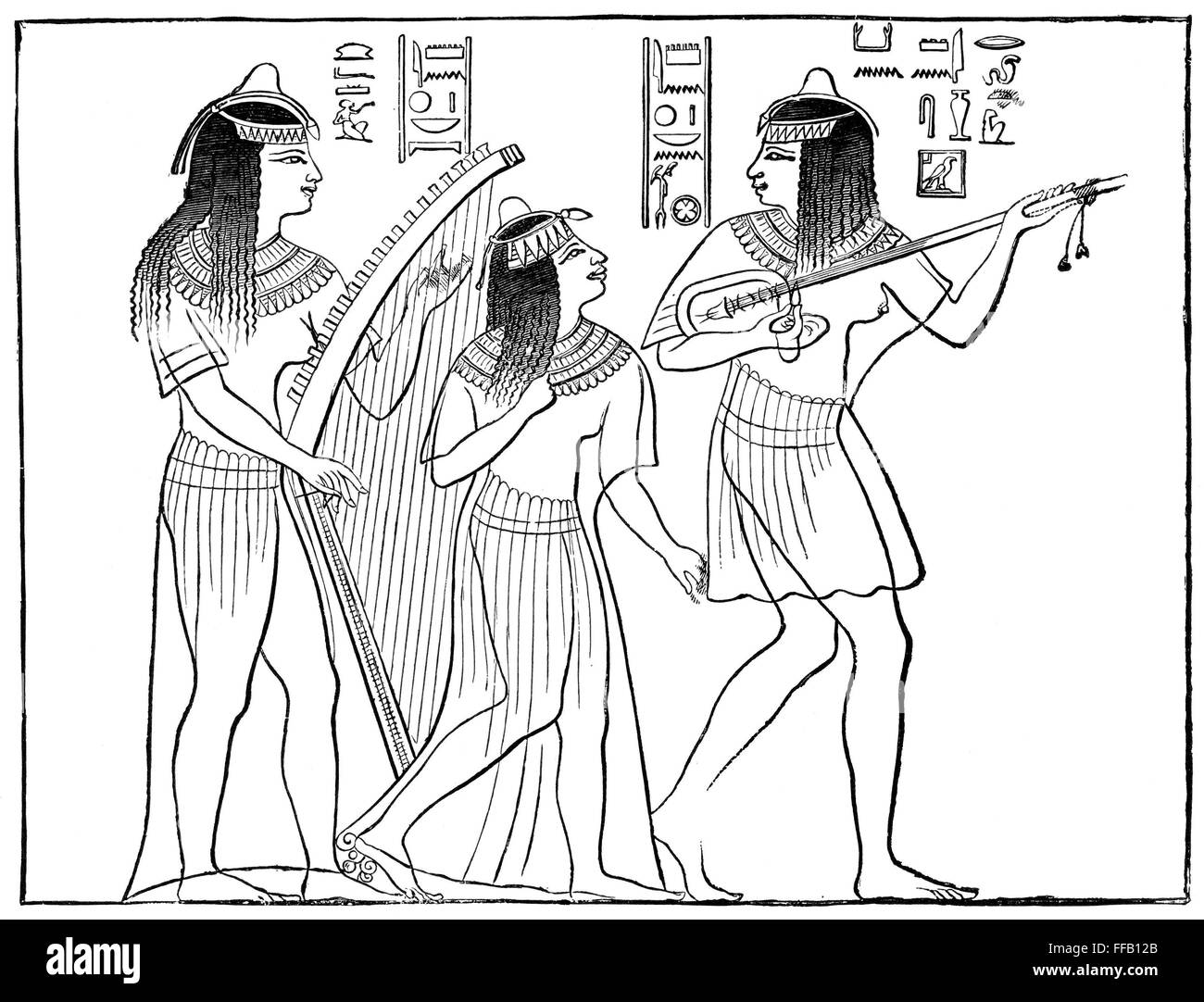 L'Egypte ancienne : la musique. NMusicians /de l'Egypte ancienne : Dessin de ligne, 19e siècle, après une ancienne fresque égyptienne. Banque D'Images