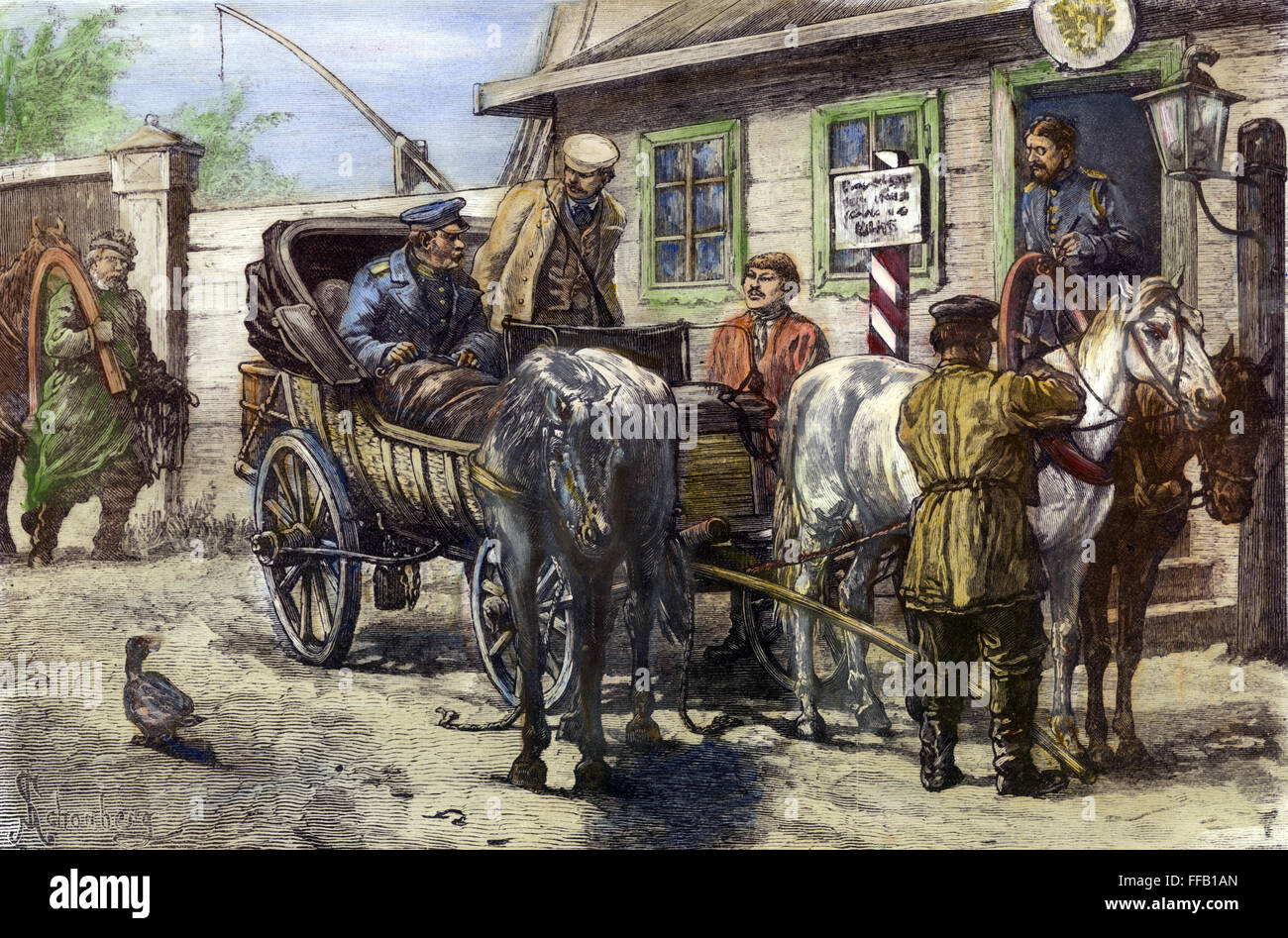 La Russie : la Sibérie, 1882. /Nmodifier chevaux dans un bureau de poste lors d'un voyage en Sibérie. La gravure sur bois, anglais, 1882. Banque D'Images