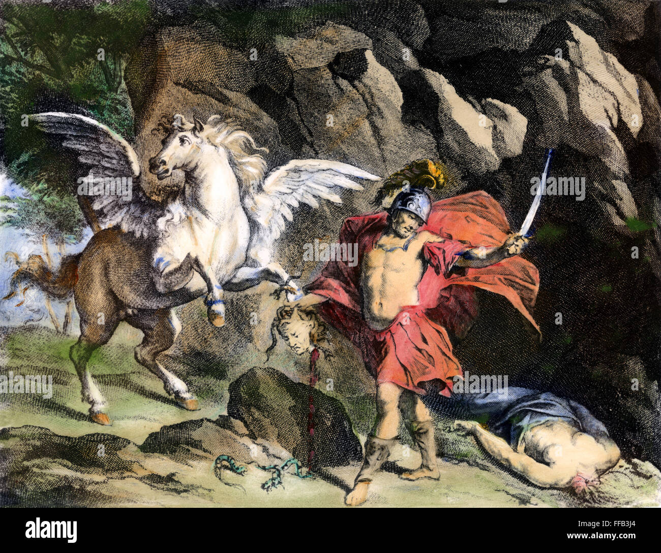 Mythologie : Persée. /NPerseus emporte la tête de la Gorgone Méduse, tué : gravure en ligne, Français, 18e siècle. Banque D'Images