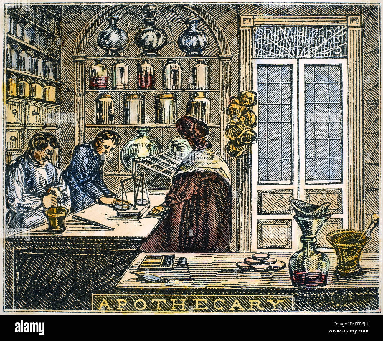 Pharmacie américaine. /NWood gravure, début du xixe siècle. Banque D'Images