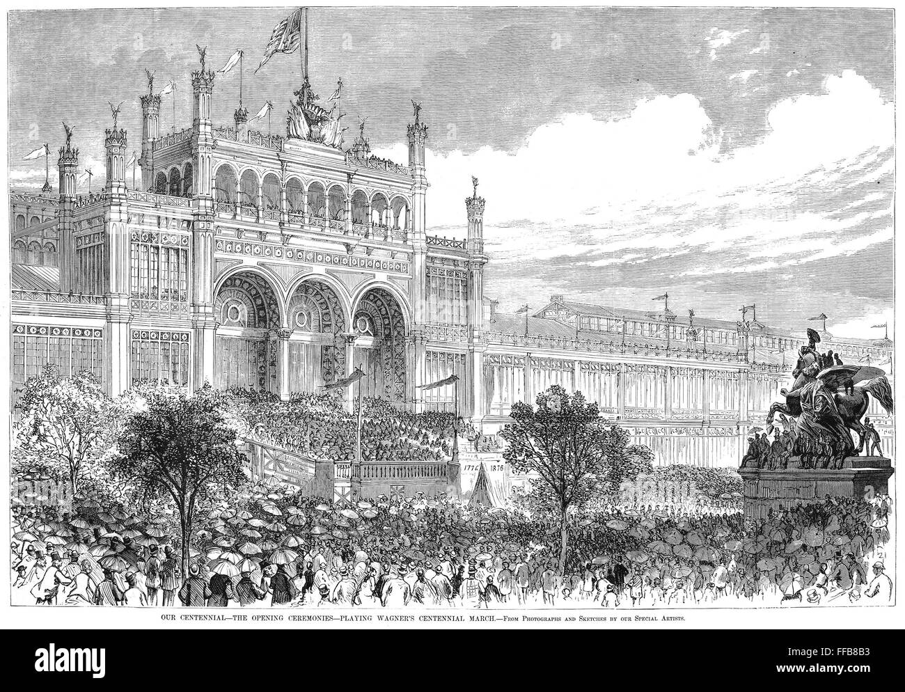 Juste du Centenaire, 1876. /Nle 1876 Cérémonies d'ouverture de la Foire du centenaire de Philadelphie, Pennsylvanie. La gravure sur bois à partir d'un journal américain contemporain. Banque D'Images
