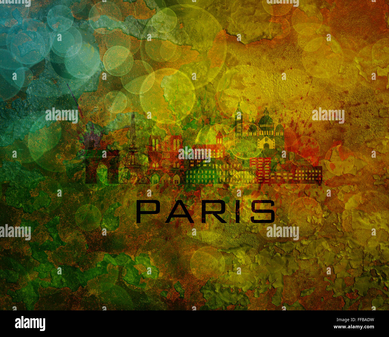 Paris France Ville avec Paint Splatter Abstract onn Grunge Texture Background Color Illustration Banque D'Images