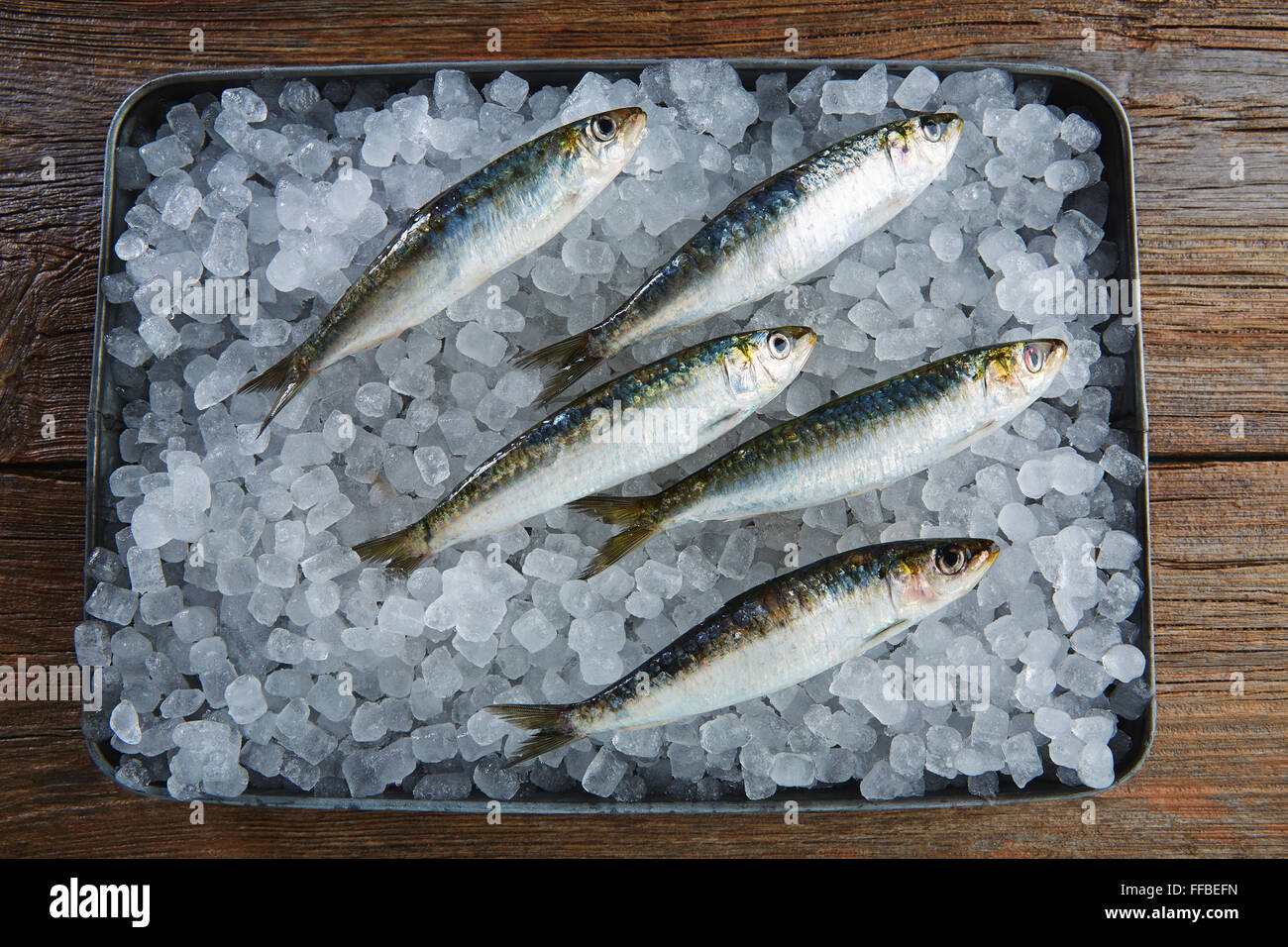 Sardines poissons frais sur le plateau de glace et table en bois Banque D'Images