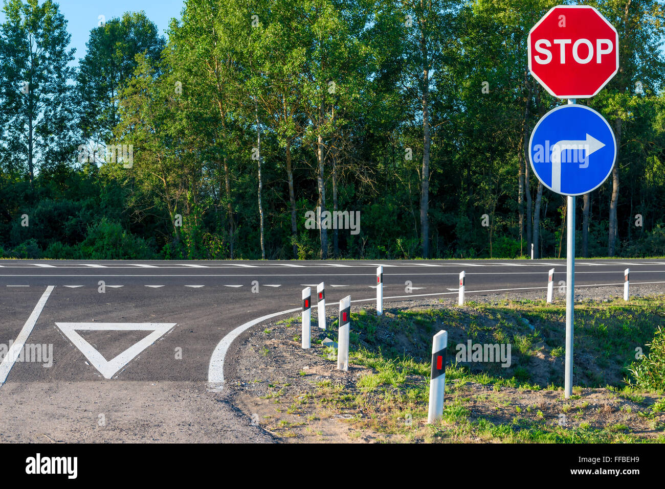 Panneau d'arrêt obligatoire à un croisement sur une route de campagne Banque D'Images