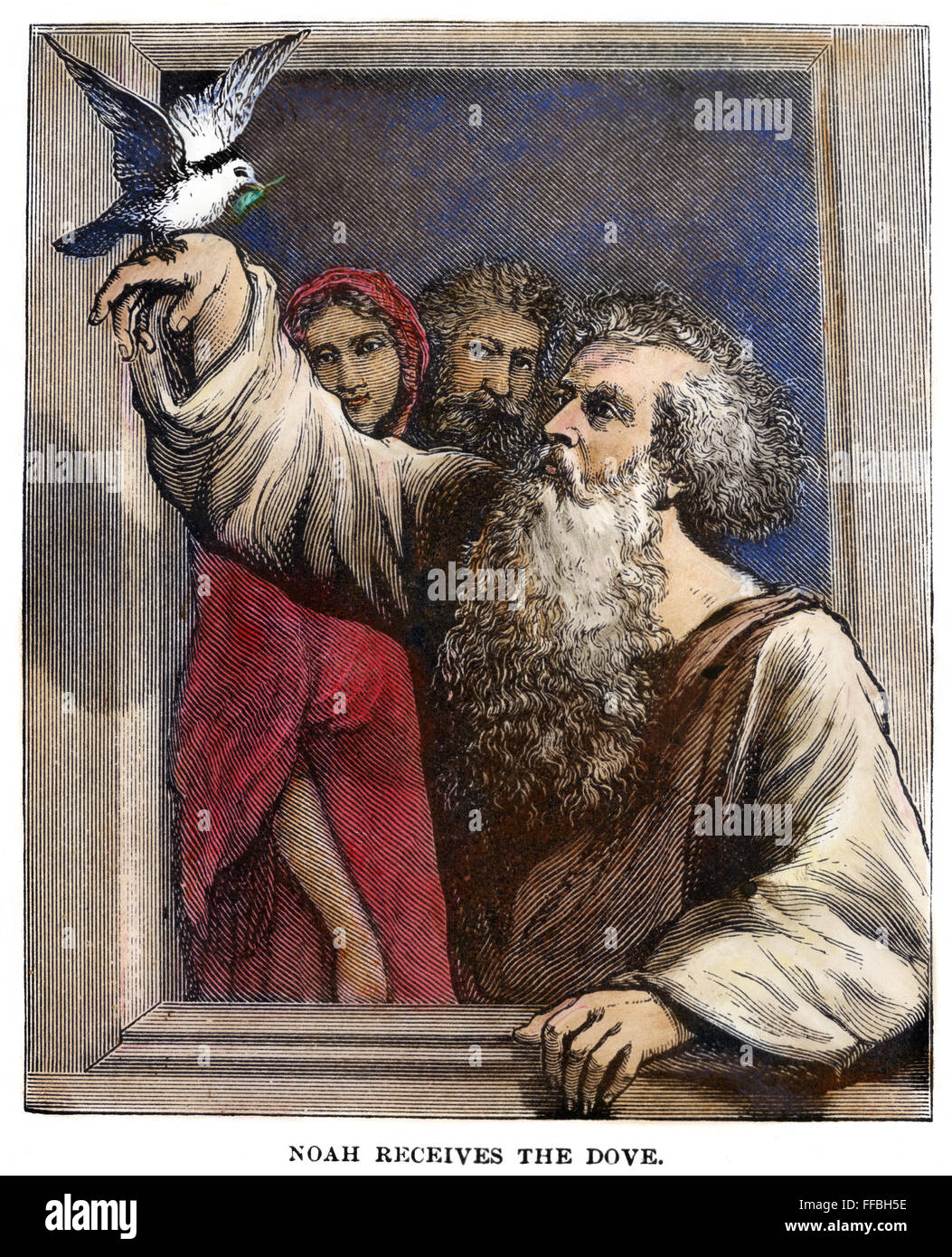 Noé reçoit la colombe. /NWood, gravure du xixe siècle. Banque D'Images