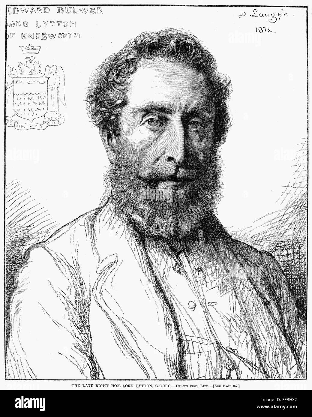 EDWARD BULWER LYTTON /n(1803-1873). 1er baron Lytton de Knebworth. Romancier et dramaturge anglais. Gravure d'après un dessin de ligne, 1872. Banque D'Images