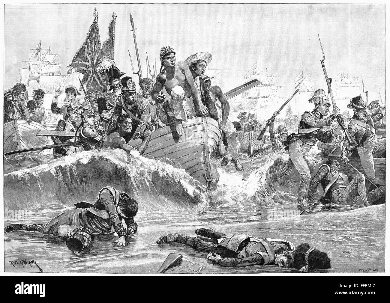 Britanniques À ABOUKIR, 1801. /Nla débarquement de l'armée britannique commandée par Sir Ralph Abercromby à Aboukir Bay, Egypte, 22 mars 1801. Gravure en ligne, l'anglais, d'après Richard Caton Woodville, 1894. Banque D'Images