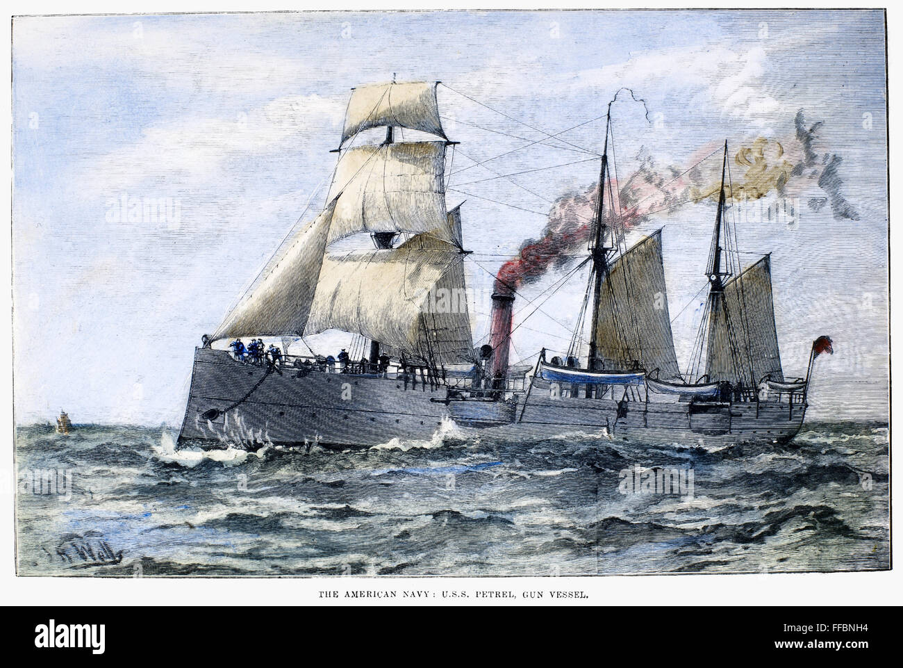 'USS PETREL,' 1890. /Nla navire USS Petrel des armes à feu.' 'gravure sur bois, 1890. Banque D'Images