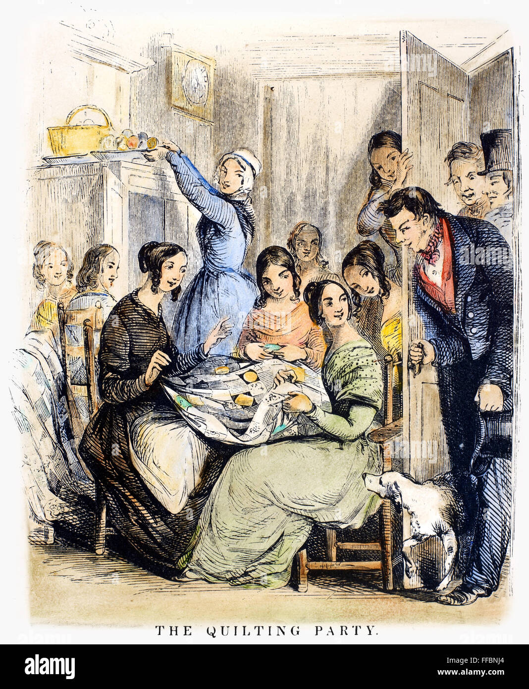 QUILTING BEE, 1849. /N'Til quilt partie.' la gravure sur bois, cuisine américaine, 1849. Banque D'Images
