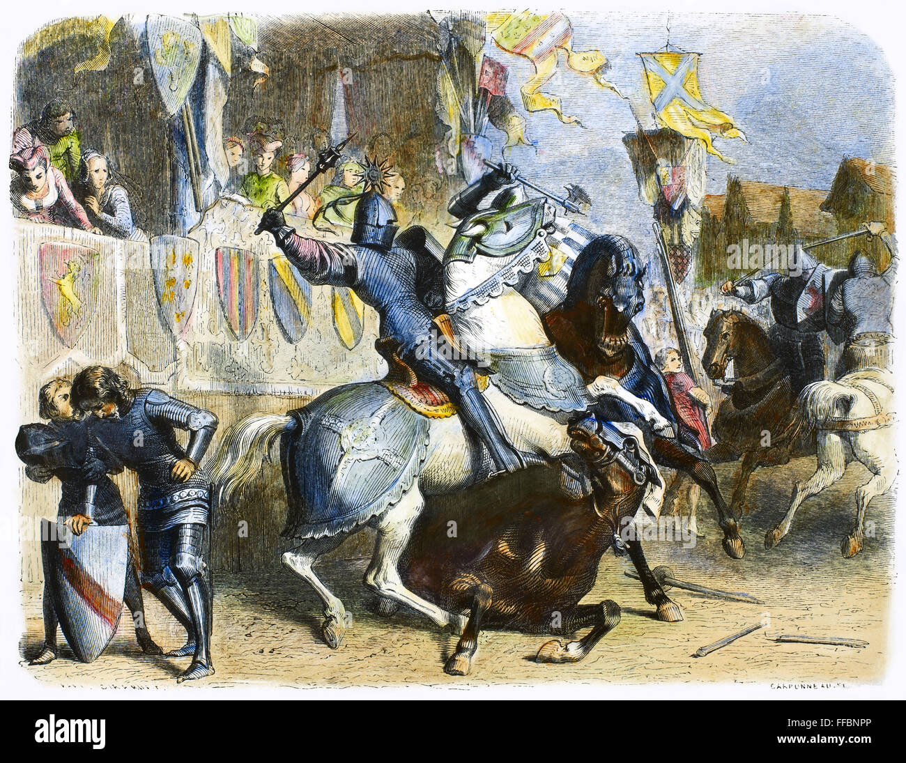 Chevaliers : Tournoi. /NKnights combats dans un tournoi. La gravure sur bois, le français, 19e siècle. Banque D'Images