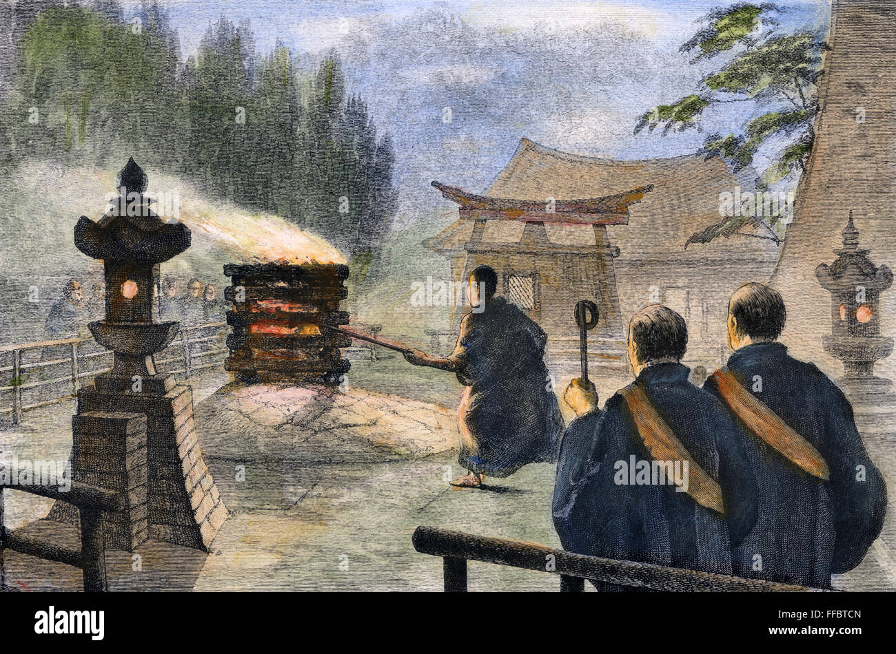 Japon : la crémation, 1890. /NCremation au Japon. La gravure sur bois, anglais, 1890. Banque D'Images