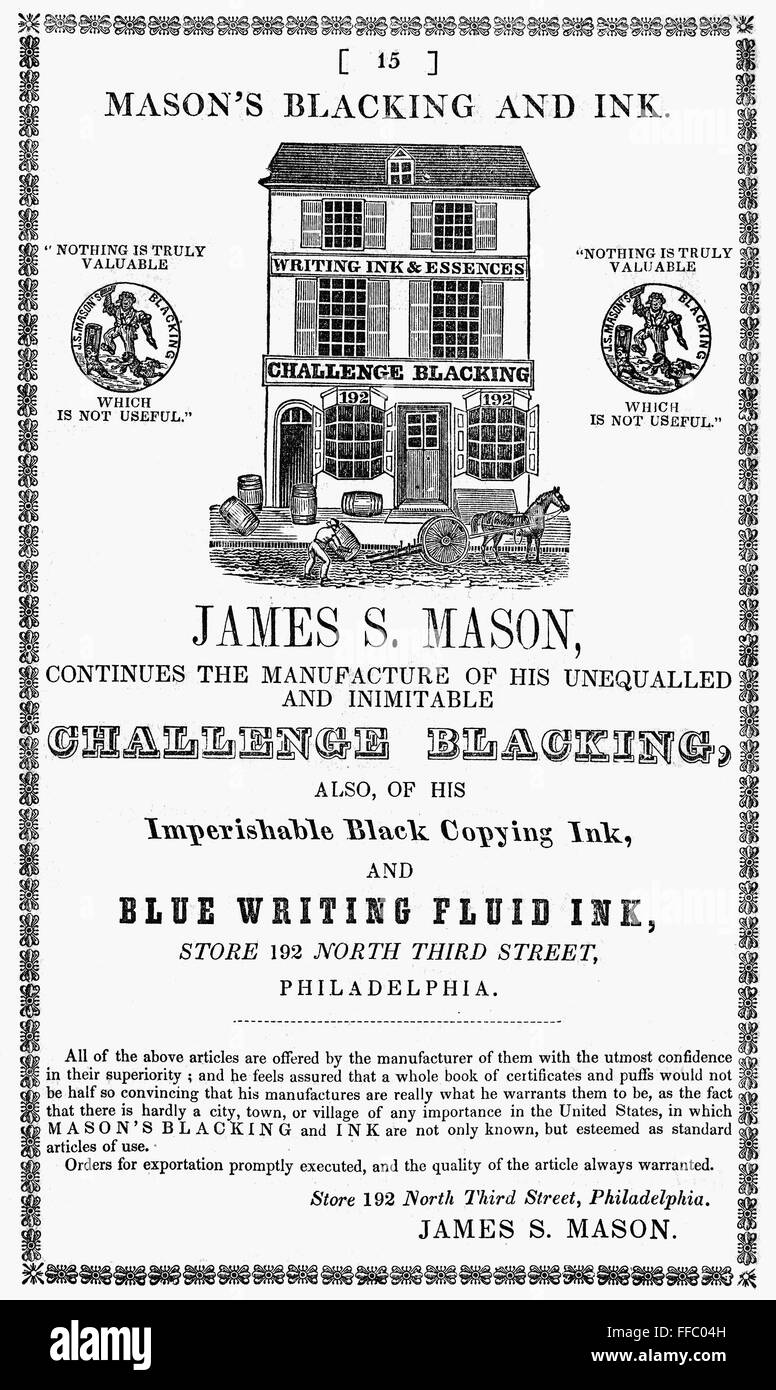 Publicité d'encre, 1848. NAmerican /publicité pour son film noir et d'encre, 1848. Banque D'Images