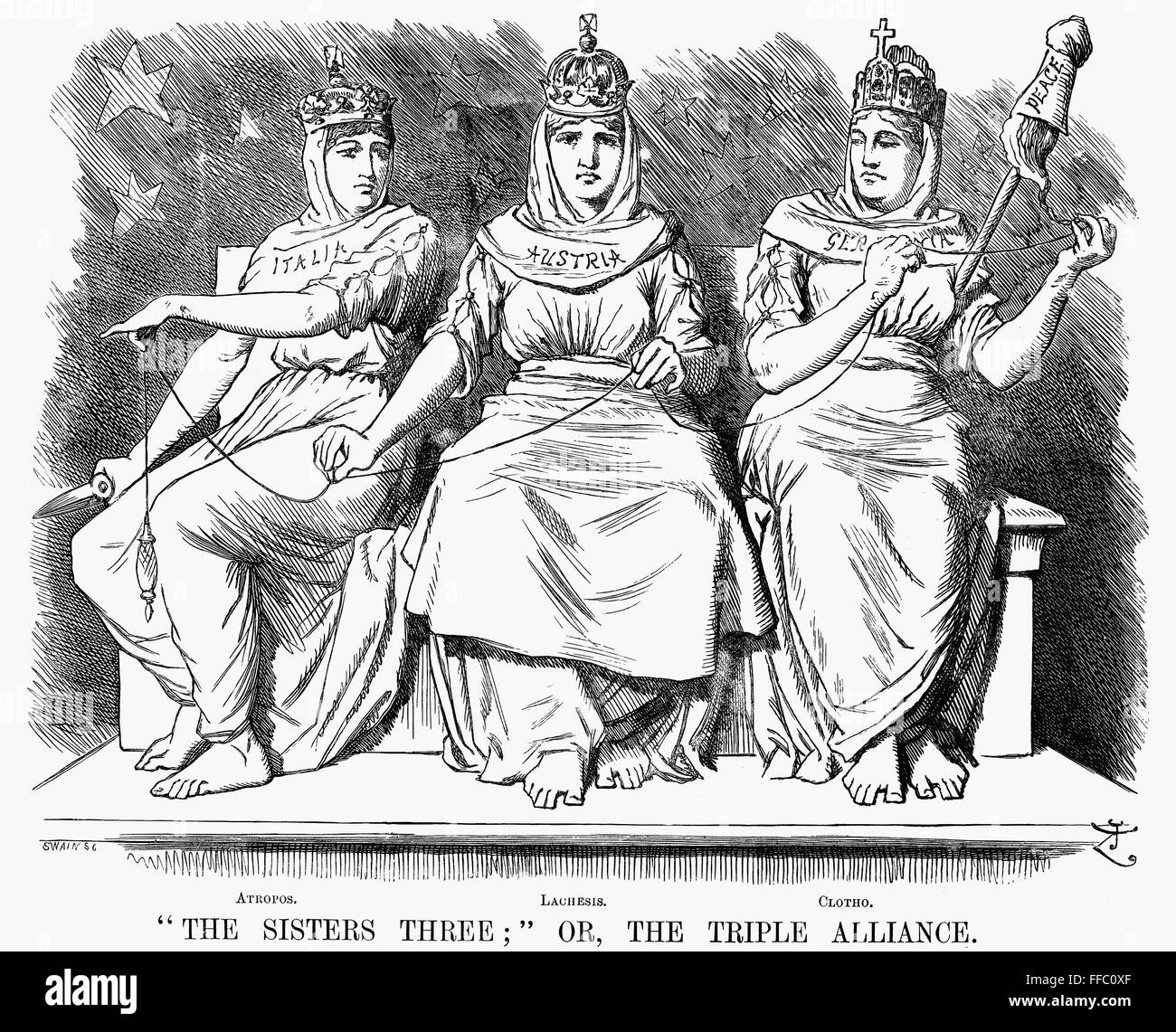 TRIPLE ALLIANCE, 1888. /N''Le Trois Sœurs ;' ou, la Triple Alliance.'  English Caricature par Sir John Tenniel, 1888, liant la Triple Alliance (de  droite à gauche), l'Allemagne, l'Autriche-Hongrie et l'Italie avec les