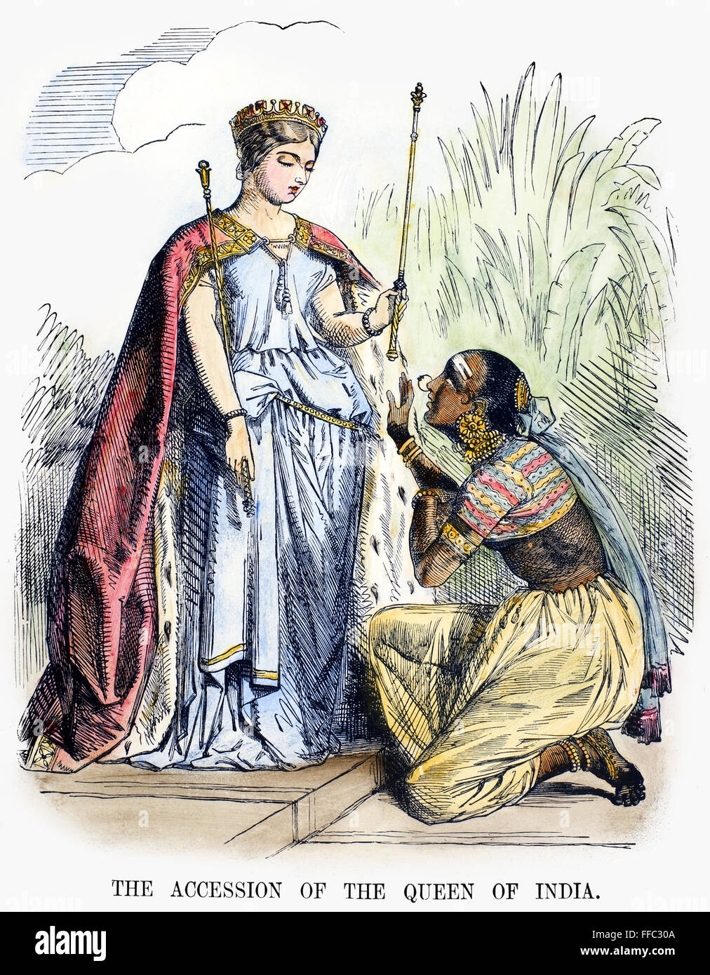 Inde : l'autorité britannique, 1858. /N'Til Adhésion de la Reine de l'Inde." La reine Victoria représenté dans une caricature de 1858, sur le transfert des affaires indiennes de l'East India Company à la Couronne britannique à la suite de la rébellion Sepoy. Banque D'Images